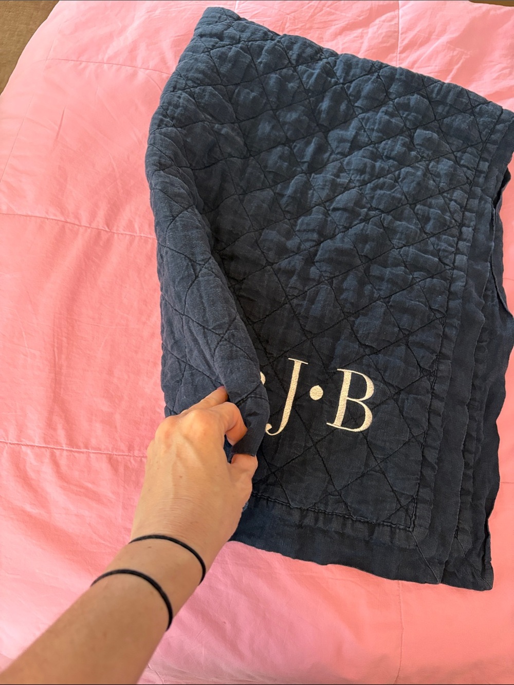 Pottery Barn Kids toddler baby quilt blanket crib navy blue with Monogram